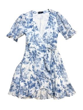 Art to Wear Blue White Short Wrap Floral Dress Sleeves Prairie Cottagecore Toile
